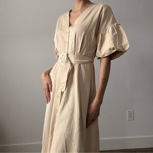 Zara NWT Cream Midi Dress with Puff Sleeves